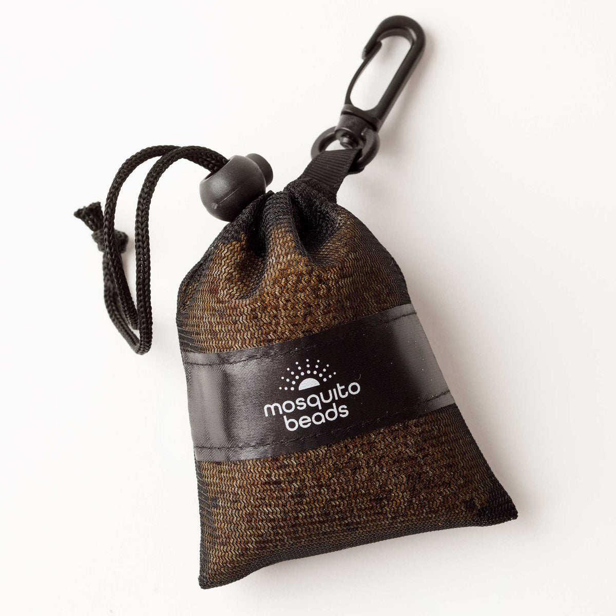 Mosquito beads pouch with drawstring and carabiner on a white background