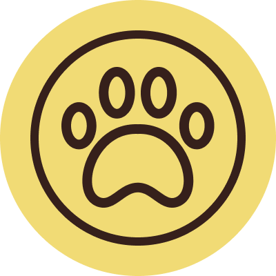 A circular yellow graphic featuring a dark brown outline of a pet-friendly paw print icon