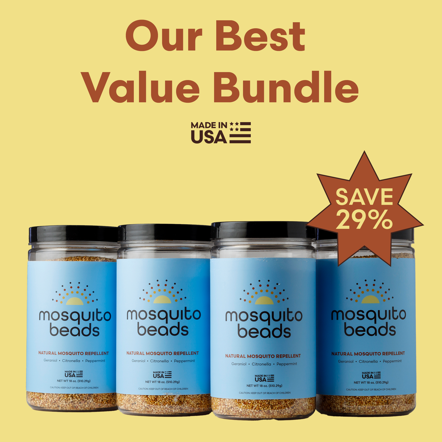 Four jars of mosquito beads with a yellow background and text about a value bundle and savings.
