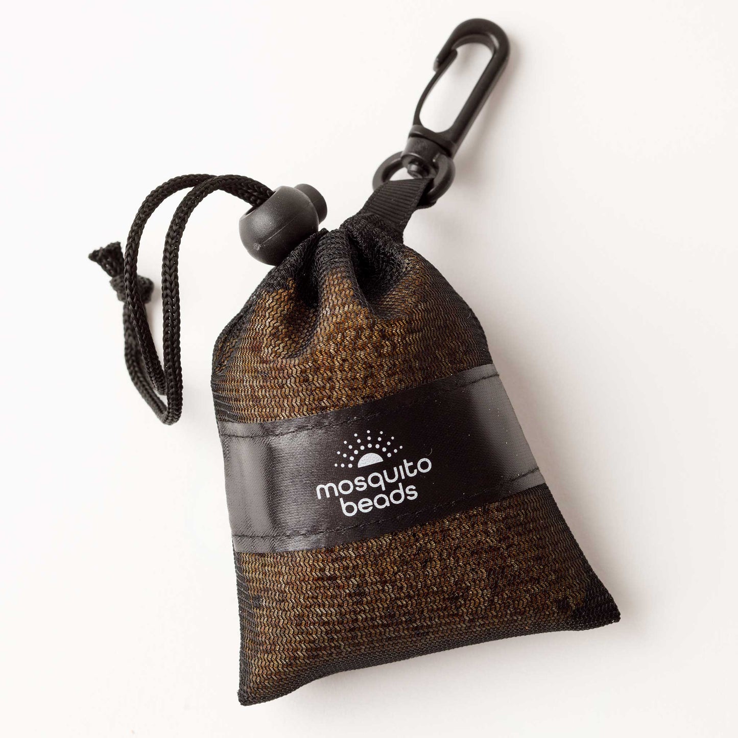 Mosquito beads pouch with drawstring and carabiner on a white background