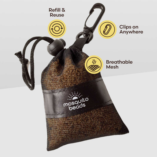Mosquito beads pouch with drawstring and carabiner allows you to take the beads on the go